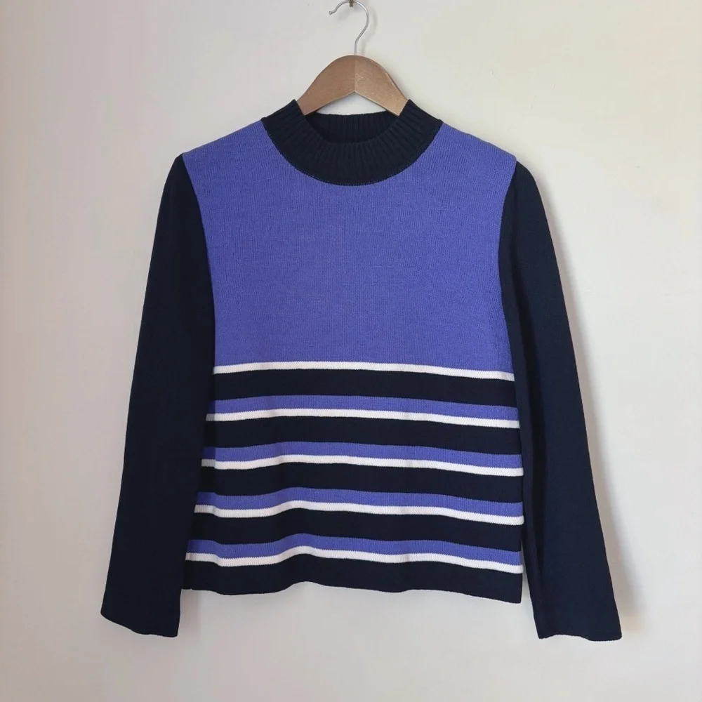 St. John Sport Purple Striped Santana Knit Mock Neck Sweater XS FLAW